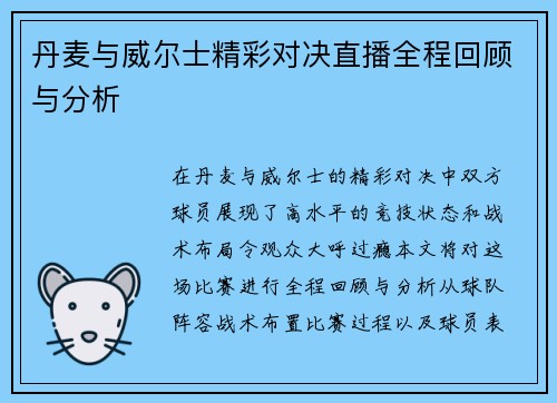 丹麦与威尔士精彩对决直播全程回顾与分析