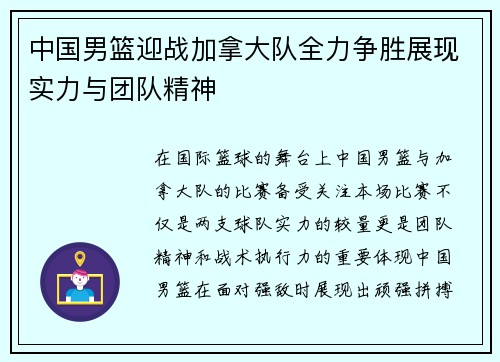 中国男篮迎战加拿大队全力争胜展现实力与团队精神