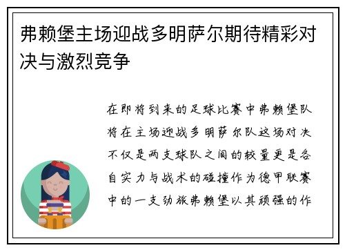 弗赖堡主场迎战多明萨尔期待精彩对决与激烈竞争